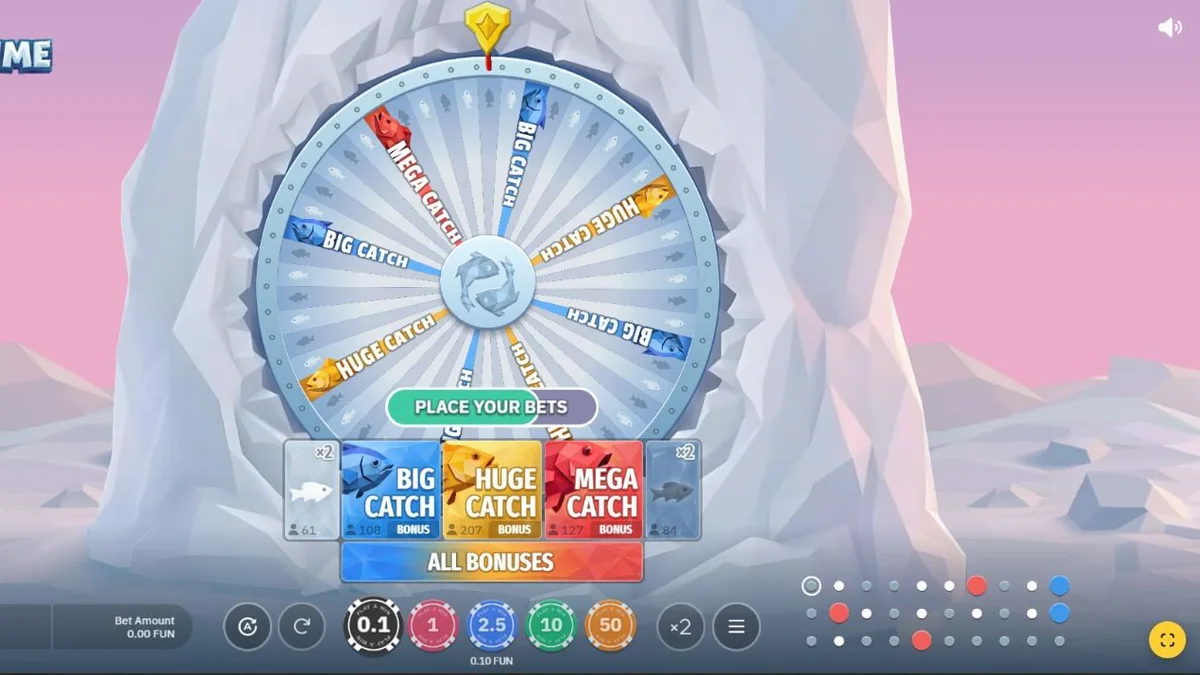 Imagem da tela do jogo Fishing Time da BGaming, mostrando um lago congelado, cabanas de madeira e a roda de bônus principal.