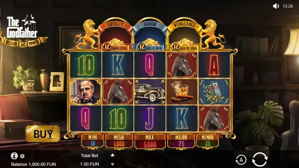 The Godfather: 3 Pillars of Power slot machine interface
