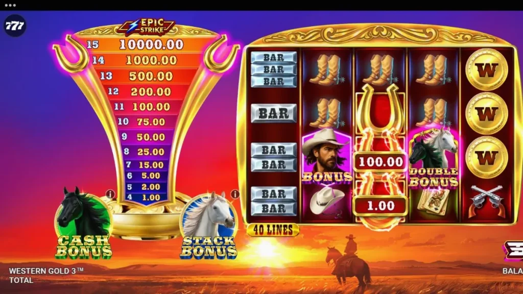 Western Gold 3 slot machine interface com tema de Velho Oeste
