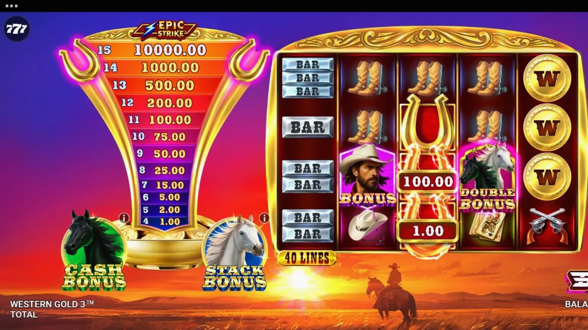 Western Gold 3 slot machine interface com tema de Velho Oeste